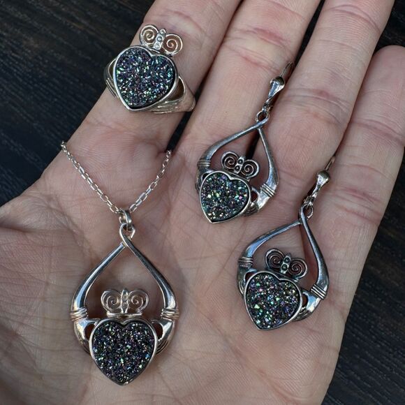 Claddagh Druzy Set: Necklace Ring & Earrings, Sea Green Drusy, JMH Ireland - Picture 7 of 17